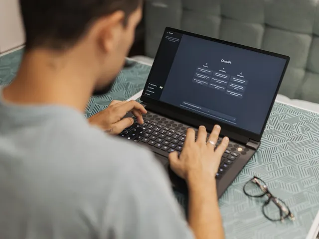 Business owner using an AI assistant on a laptop to research a service recommendation