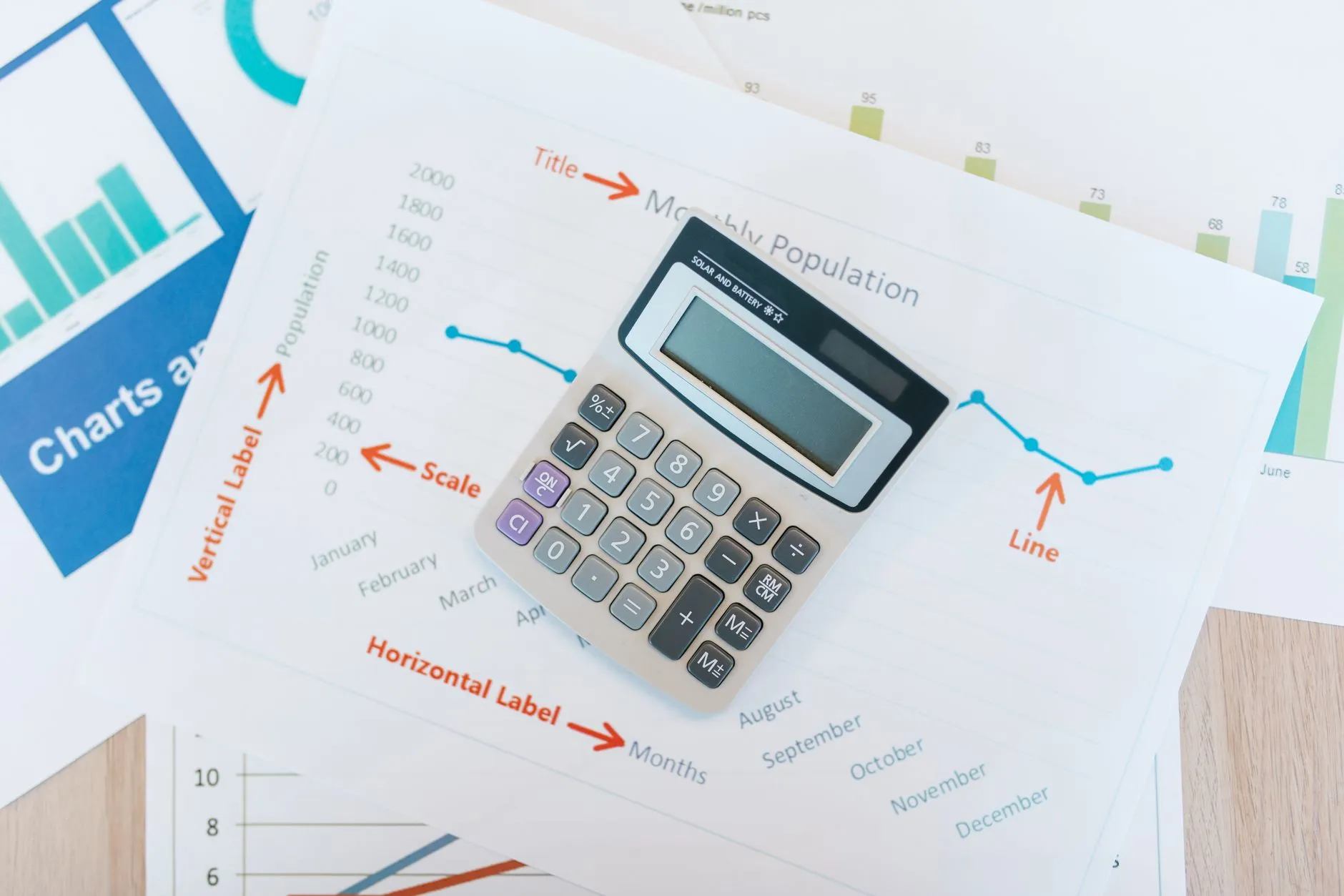 Calculator beside financial reports and graphs, for comparing costs when evaluating a fractional CMO vs other options