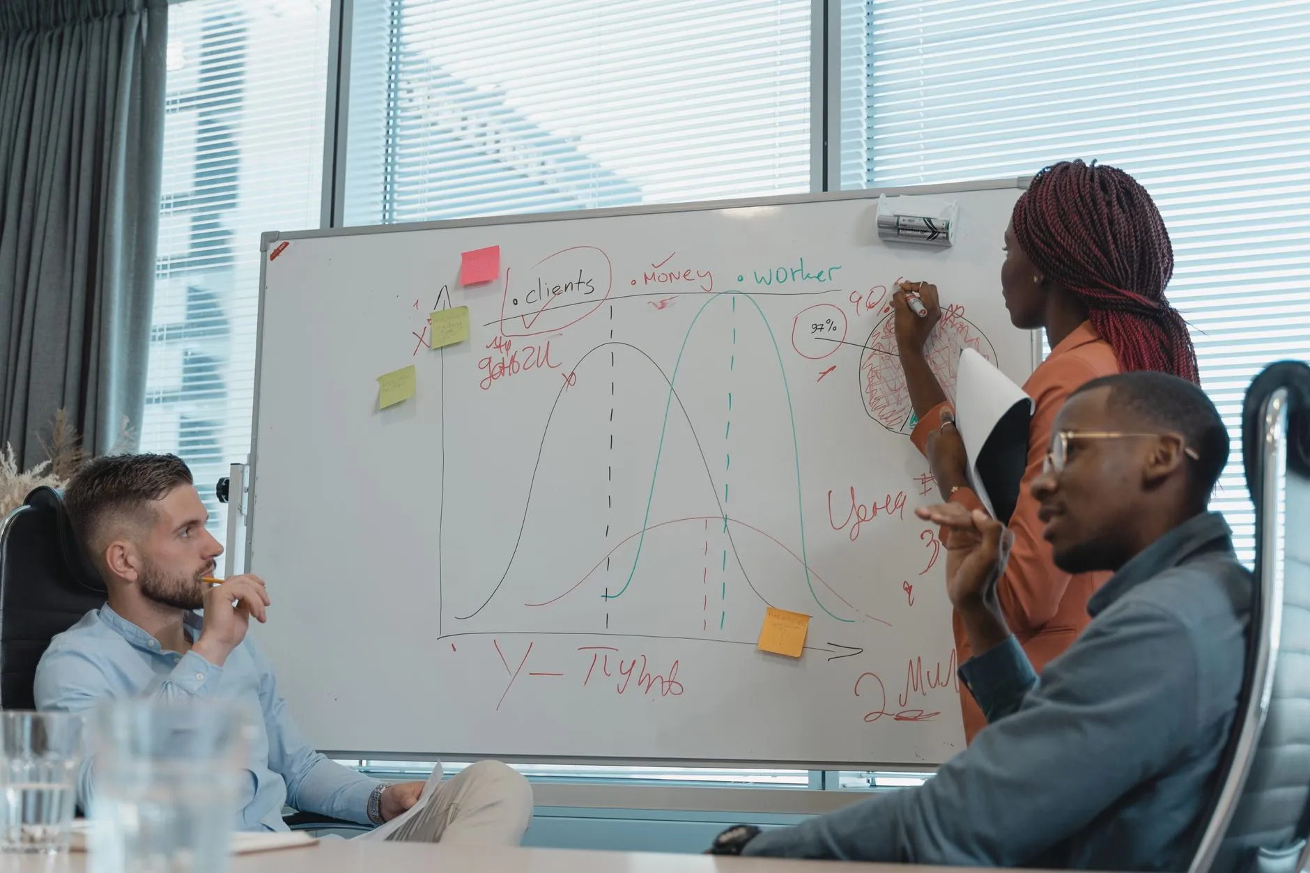 Diverse marketing team collaborating in a modern office, reviewing options and strategy together