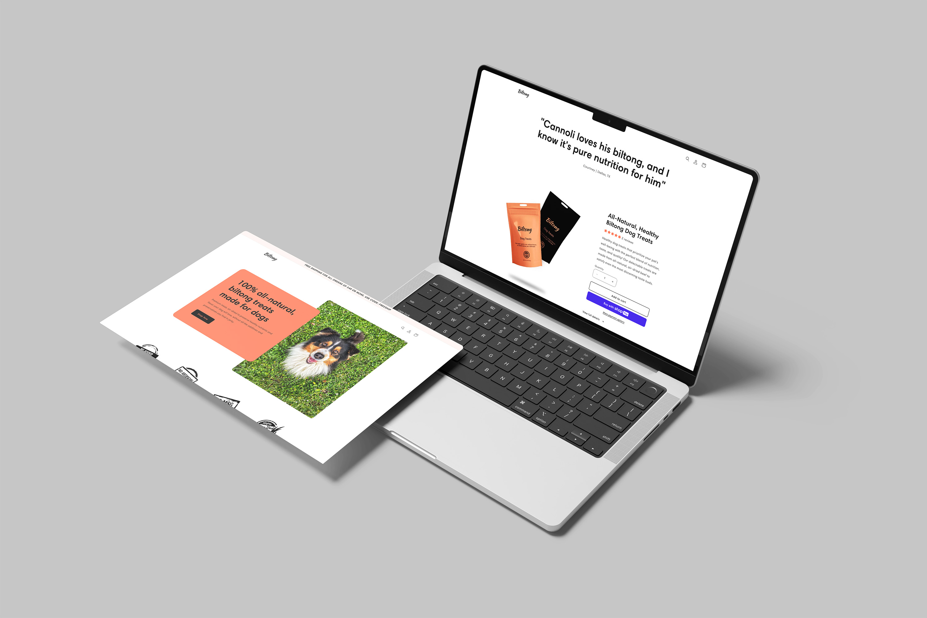 Image of the Biltong Dog Treats website in a laptop