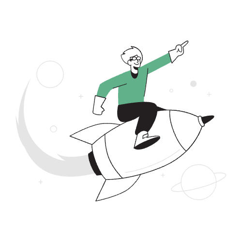 Illustration of marketing scientist riding a rocket in space.